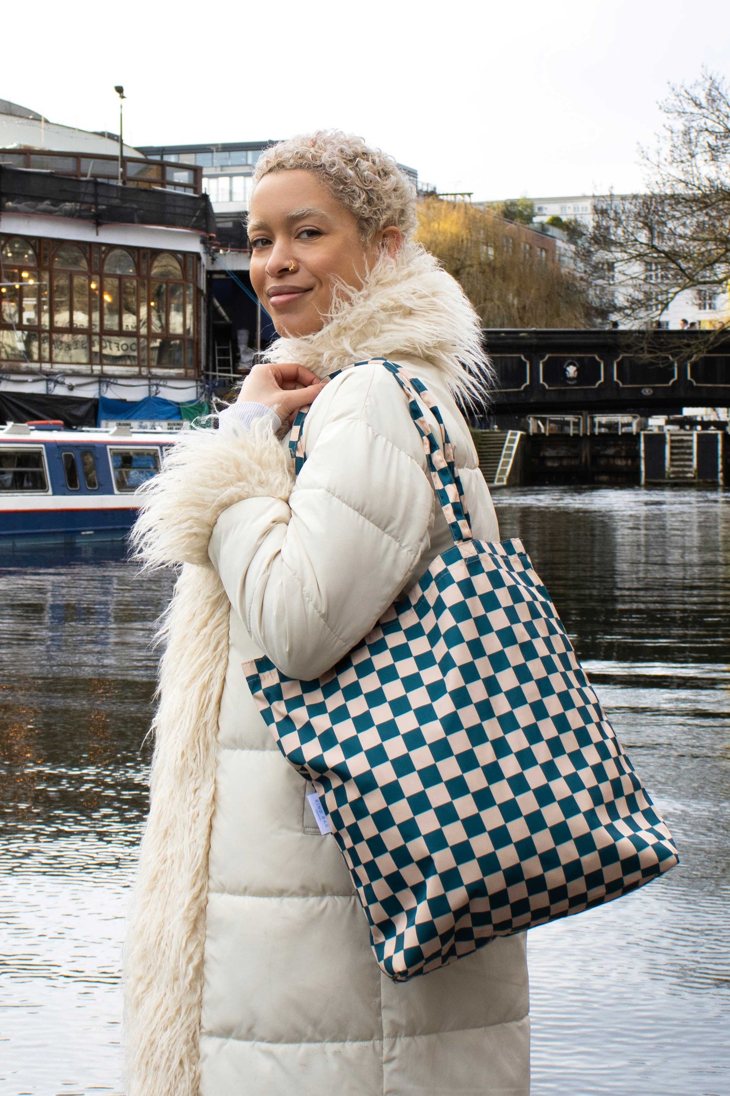 Checkerboard Teal & Beige | Recycled Tote