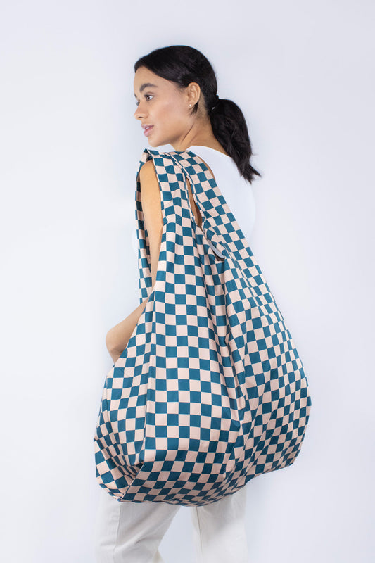 Checkerboard Teal & Beige | Extra Large Reusable Bag