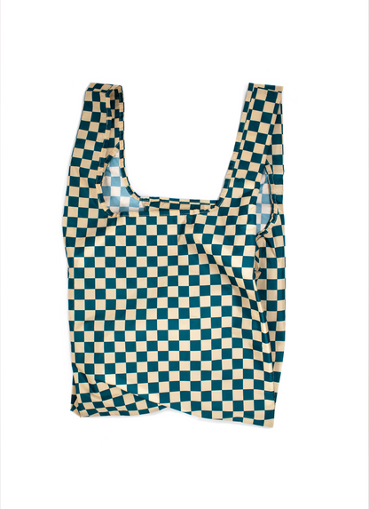 Kind Bag Checkerboard Teal Beige Medium Reusable Bag Flatlay