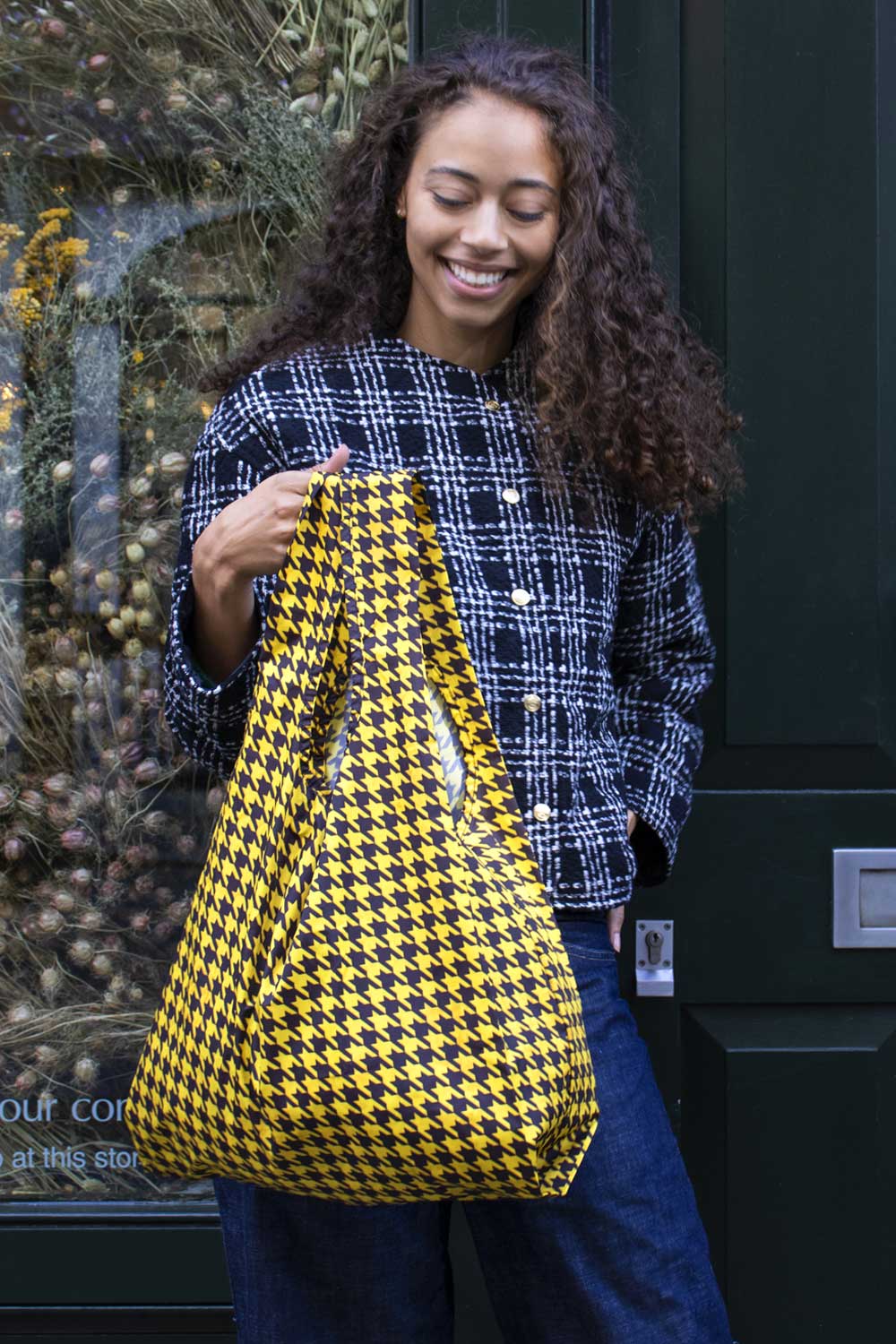 Kind Bag Dogtooth Yellow and Black Medium Reusable Bag Lifestyle