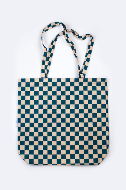 Checkerboard Teal & Beige | Recycled Tote