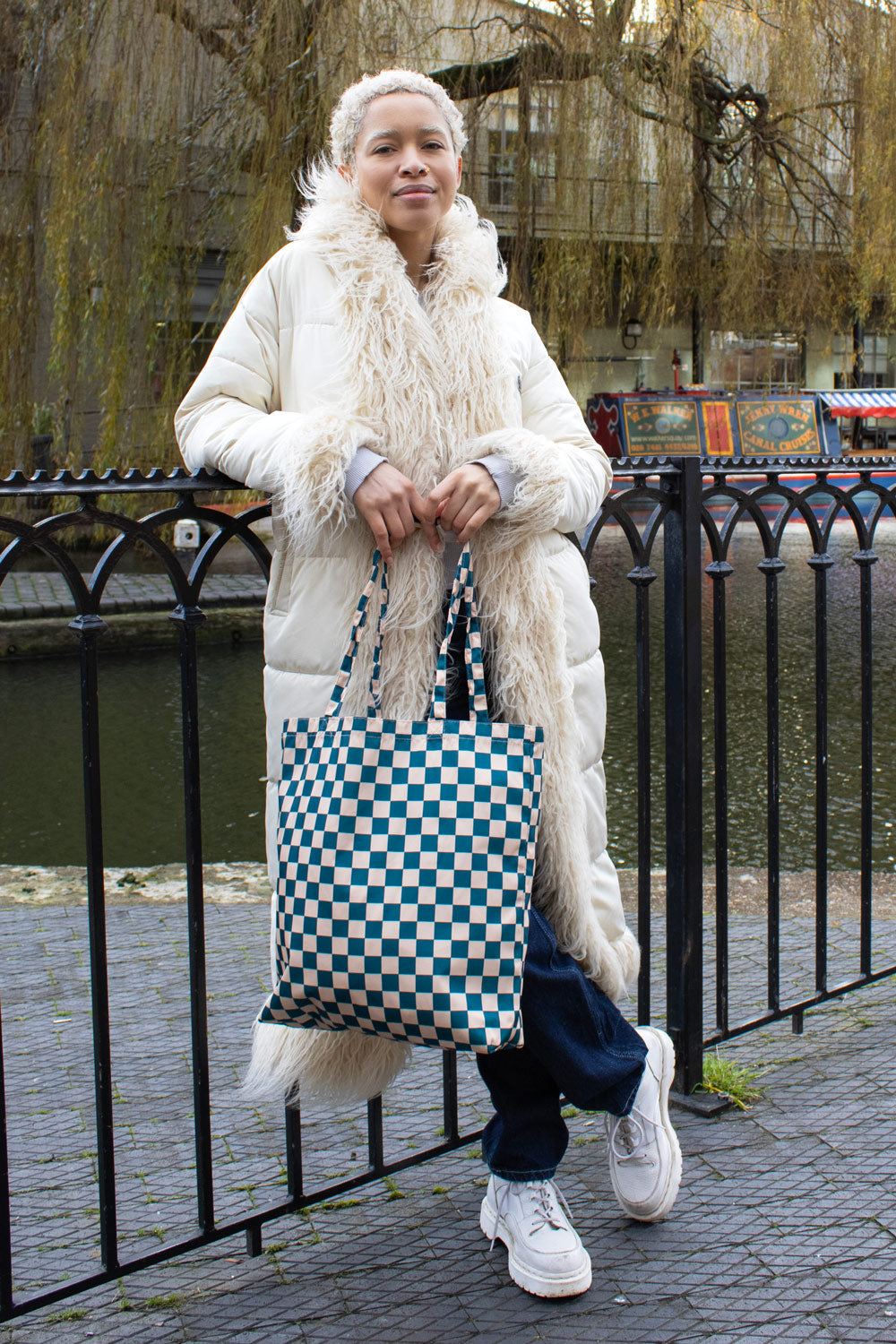 Checkerboard Teal & Beige | Recycled Tote