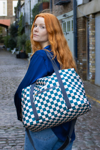 Weekender Bag | Checkerboard Teal & Beige